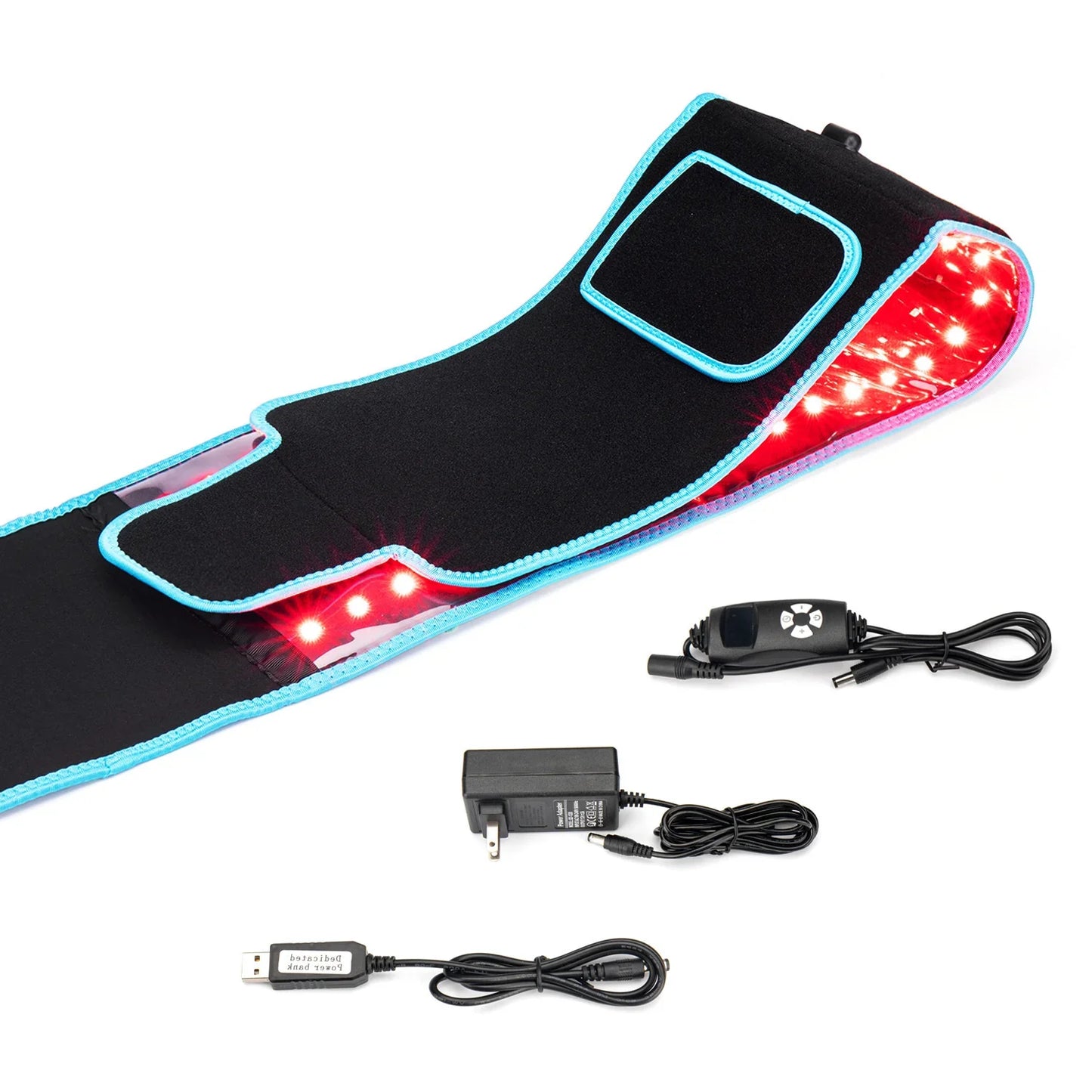 Black LED therapy belt with red lights, control unit, and power adapters for pain relief and muscle recovery