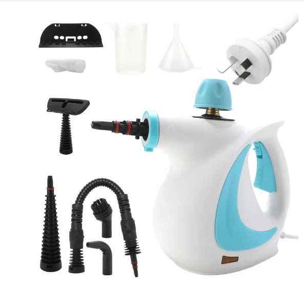 White and blue handheld steam cleaner with attachments for home cleaning tasks